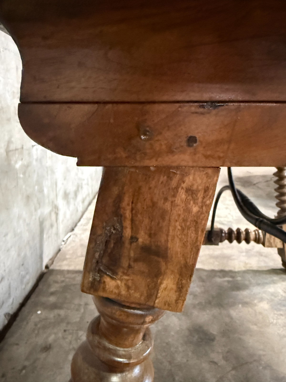 19th Century Spanish Walnut Center Table with Iron Stretcher Support Turned Legs