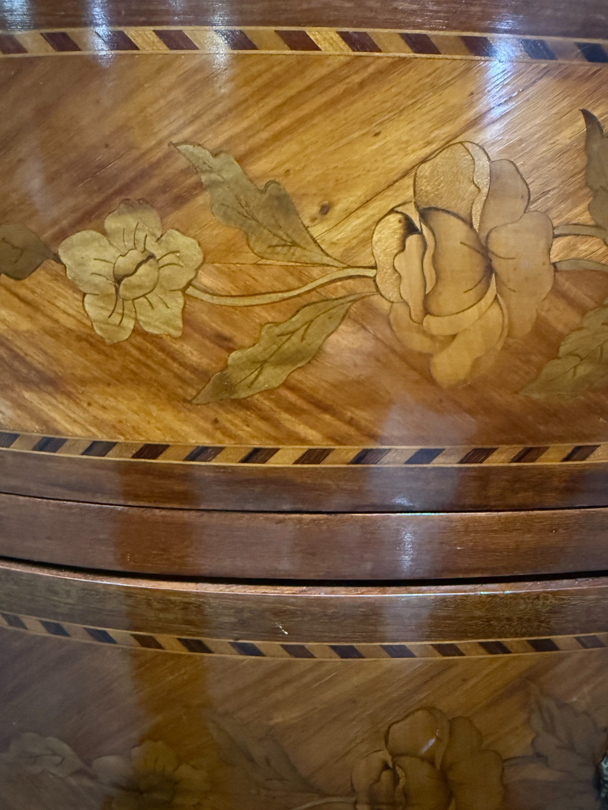 Antique French Louis XV Style Demilune Commode With Marble Top, Marquetry Inlay