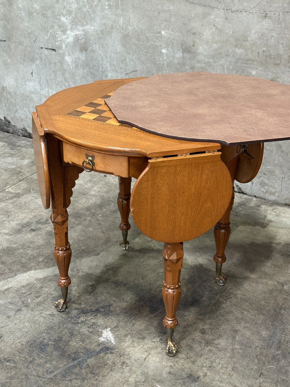 Antique Drop Leaf Game Table Chess Board Top Carved Legs Claw Feet