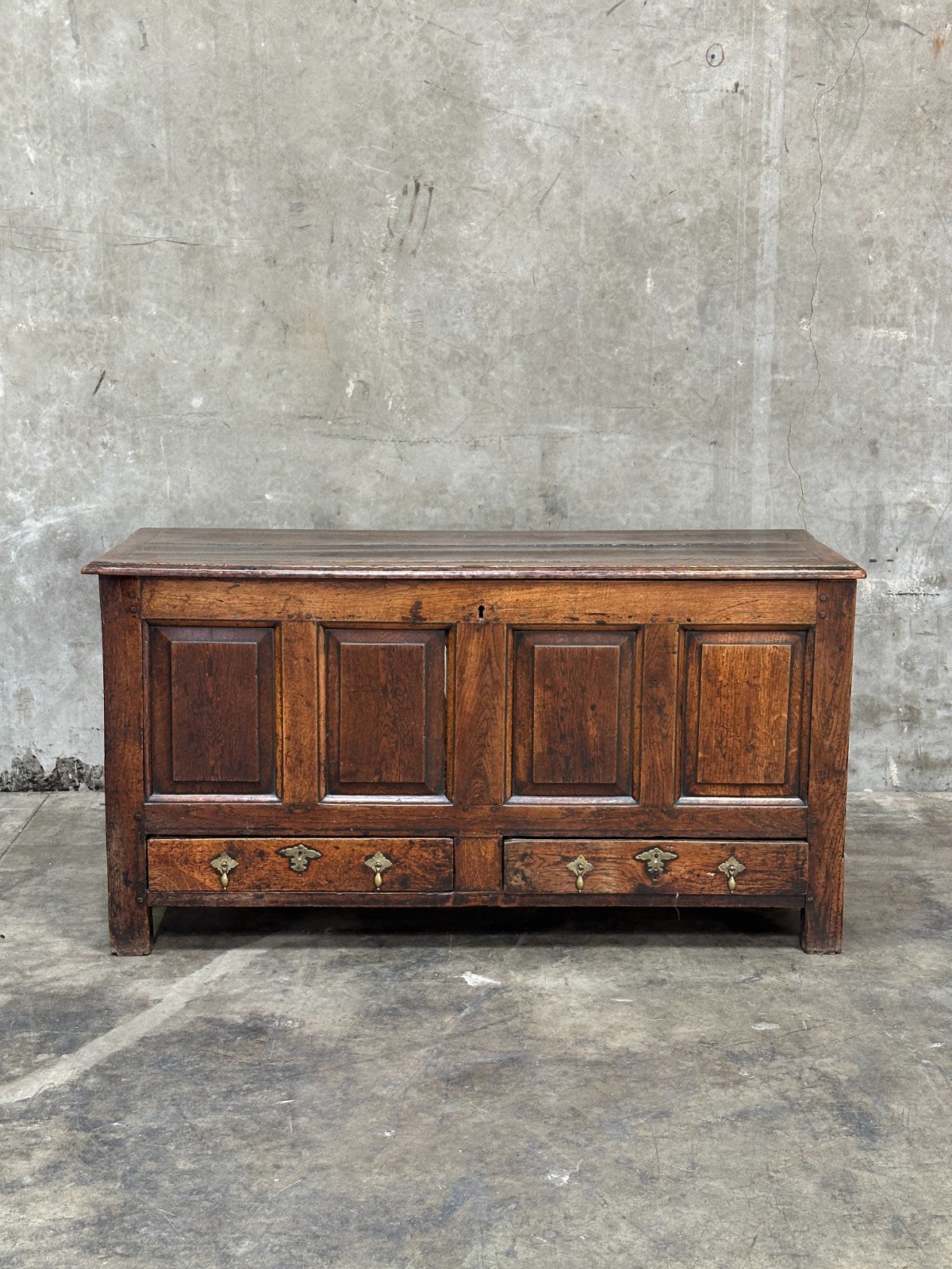 18th C English Oak Mule Chest George III Blanket Chest Paneled 54.5”