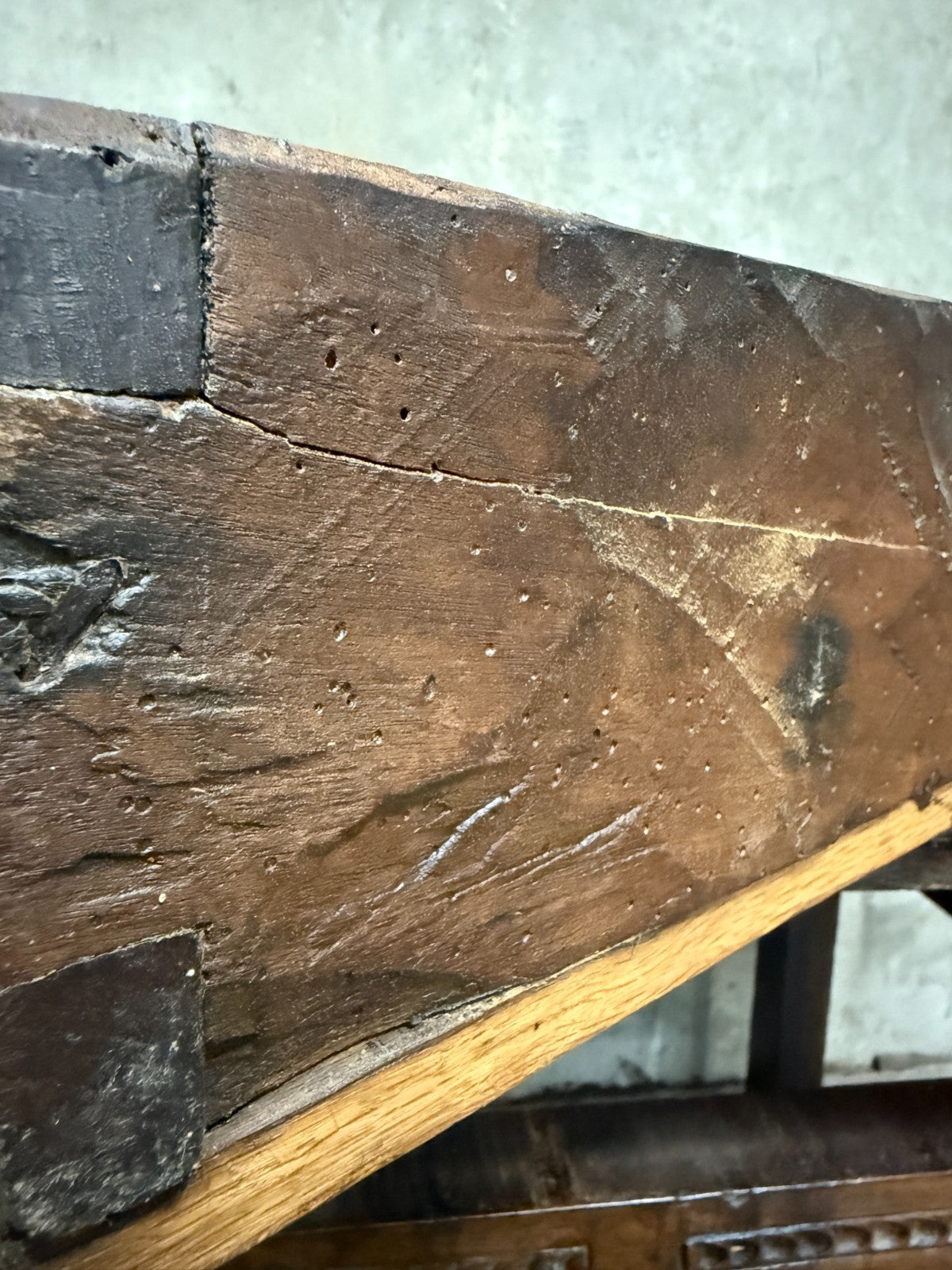 18th C. Spanish Beautifully Rustic Carved-Wood Trestle-Leg Table with Drawer