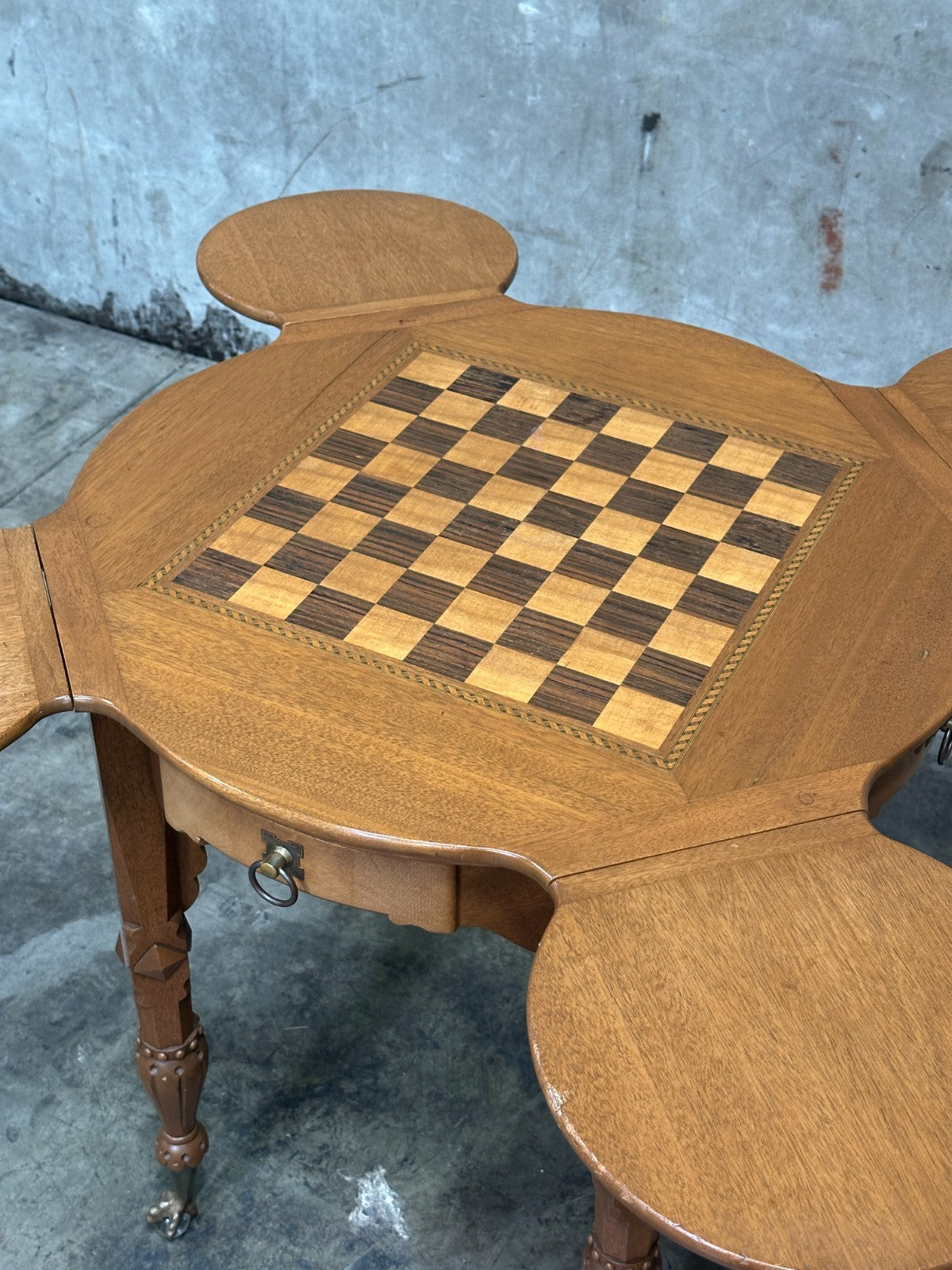 Antique Drop Leaf Game Table Chess Board Top Carved Legs Claw Feet