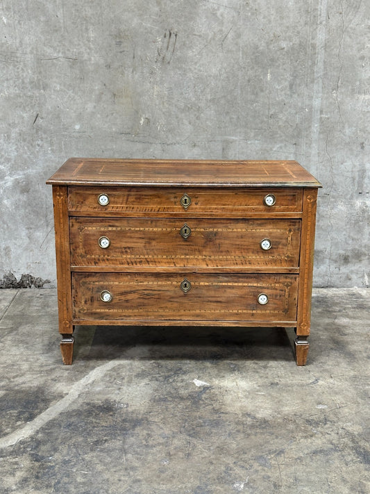 19th Century Italian Neoclassical Walnut Commode Inlay 3 Drawer Chest