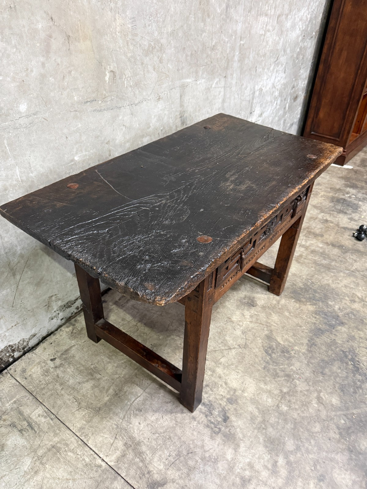 18th C. Spanish Beautifully Rustic Carved-Wood Trestle-Leg Table with Drawer