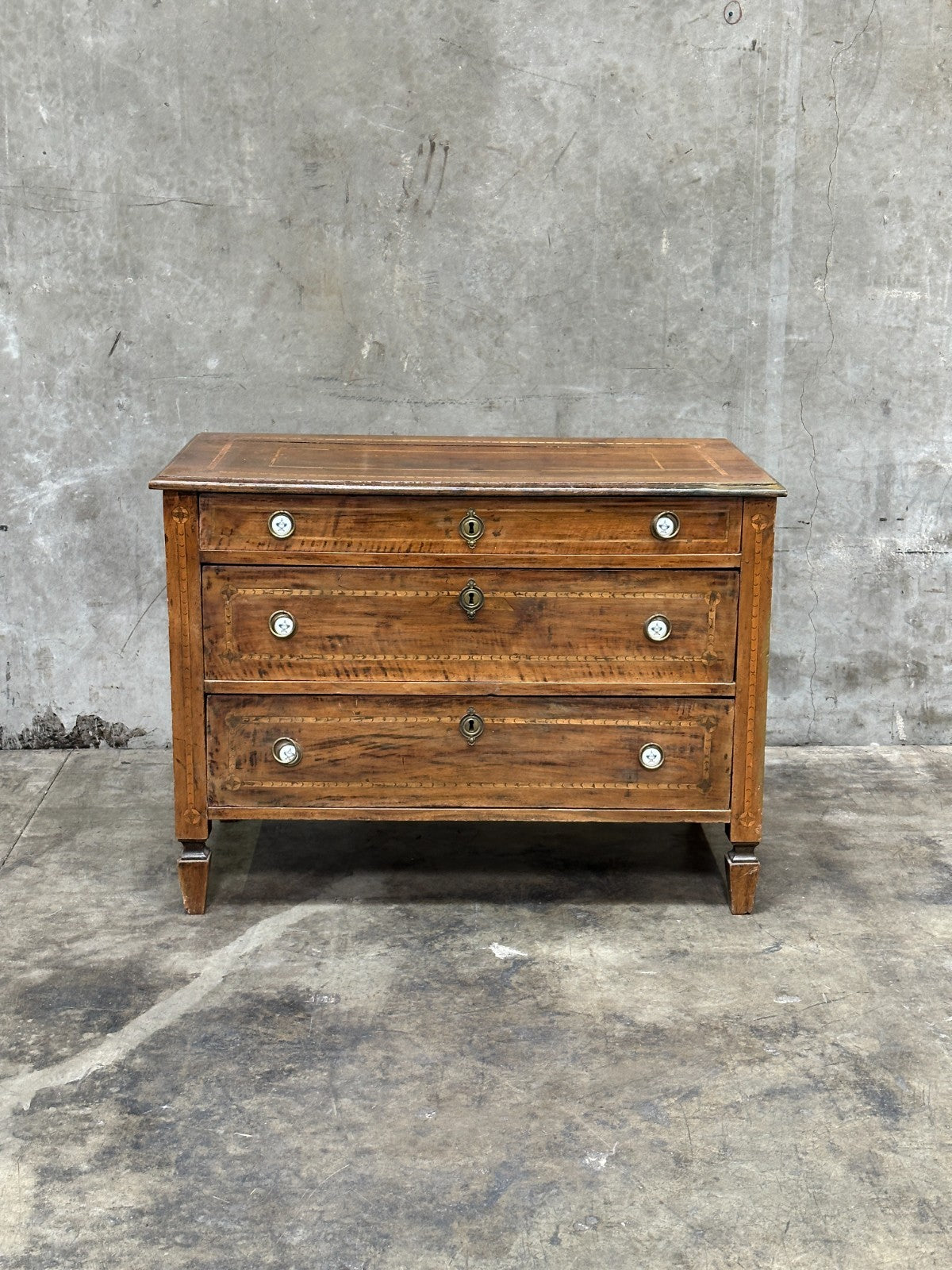 19th Century Italian Neoclassical Walnut Commode Inlay 3 Drawer Chest