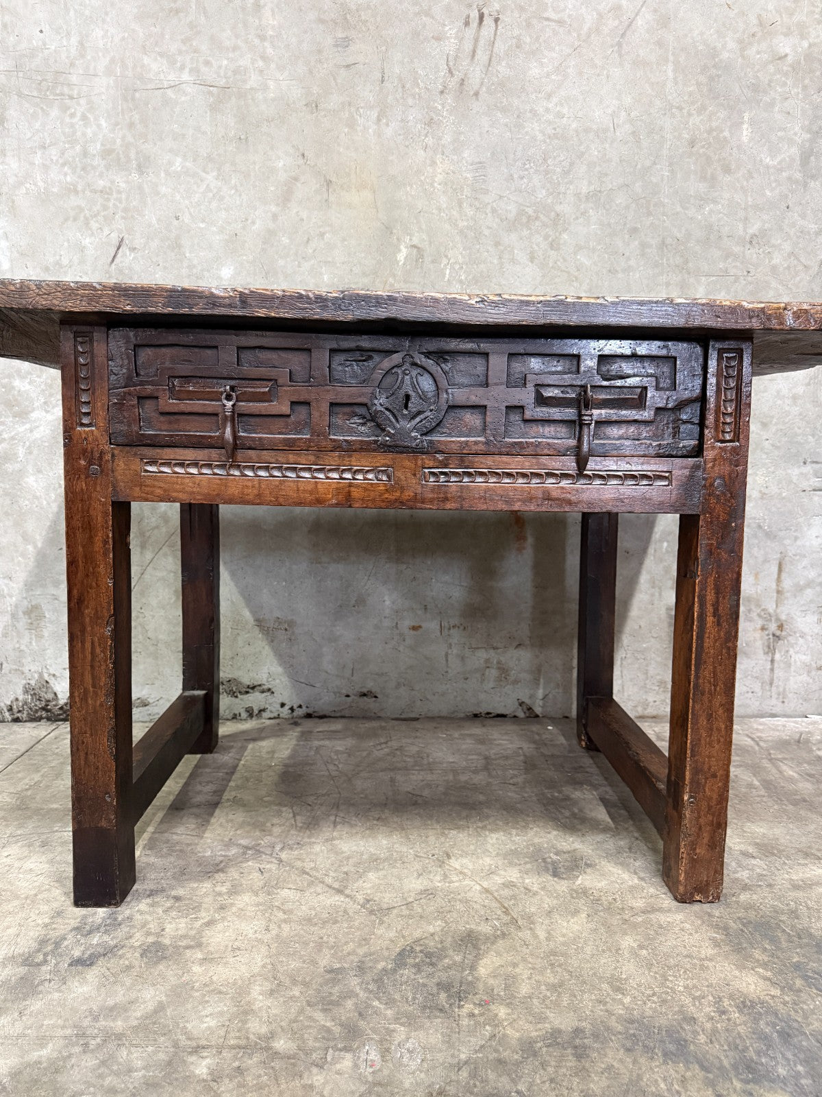 18th C. Spanish Beautifully Rustic Carved-Wood Trestle-Leg Table with Drawer