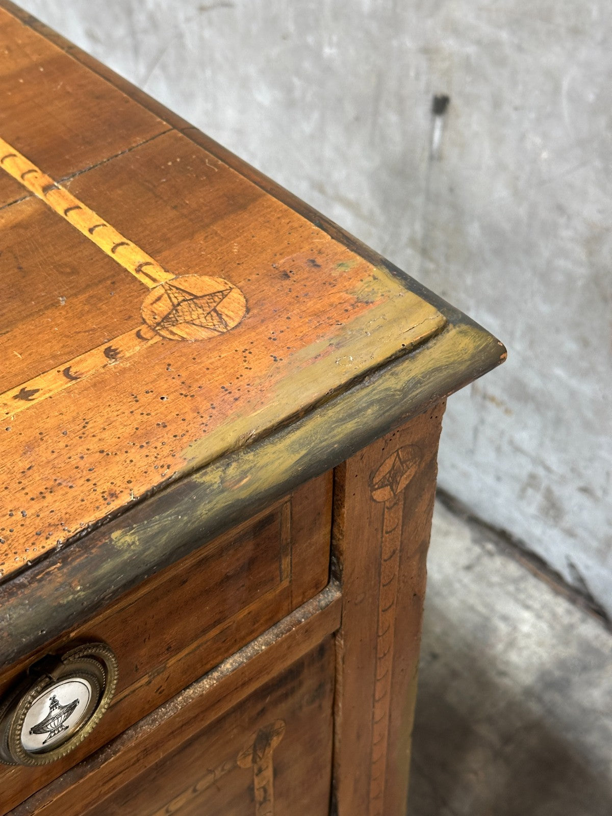 19th Century Italian Neoclassical Walnut Commode Inlay 3 Drawer Chest