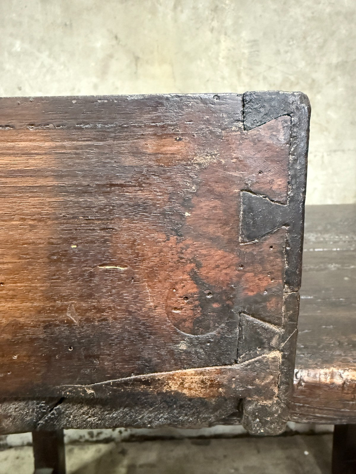 18th C. Spanish Beautifully Rustic Carved-Wood Trestle-Leg Table with Drawer