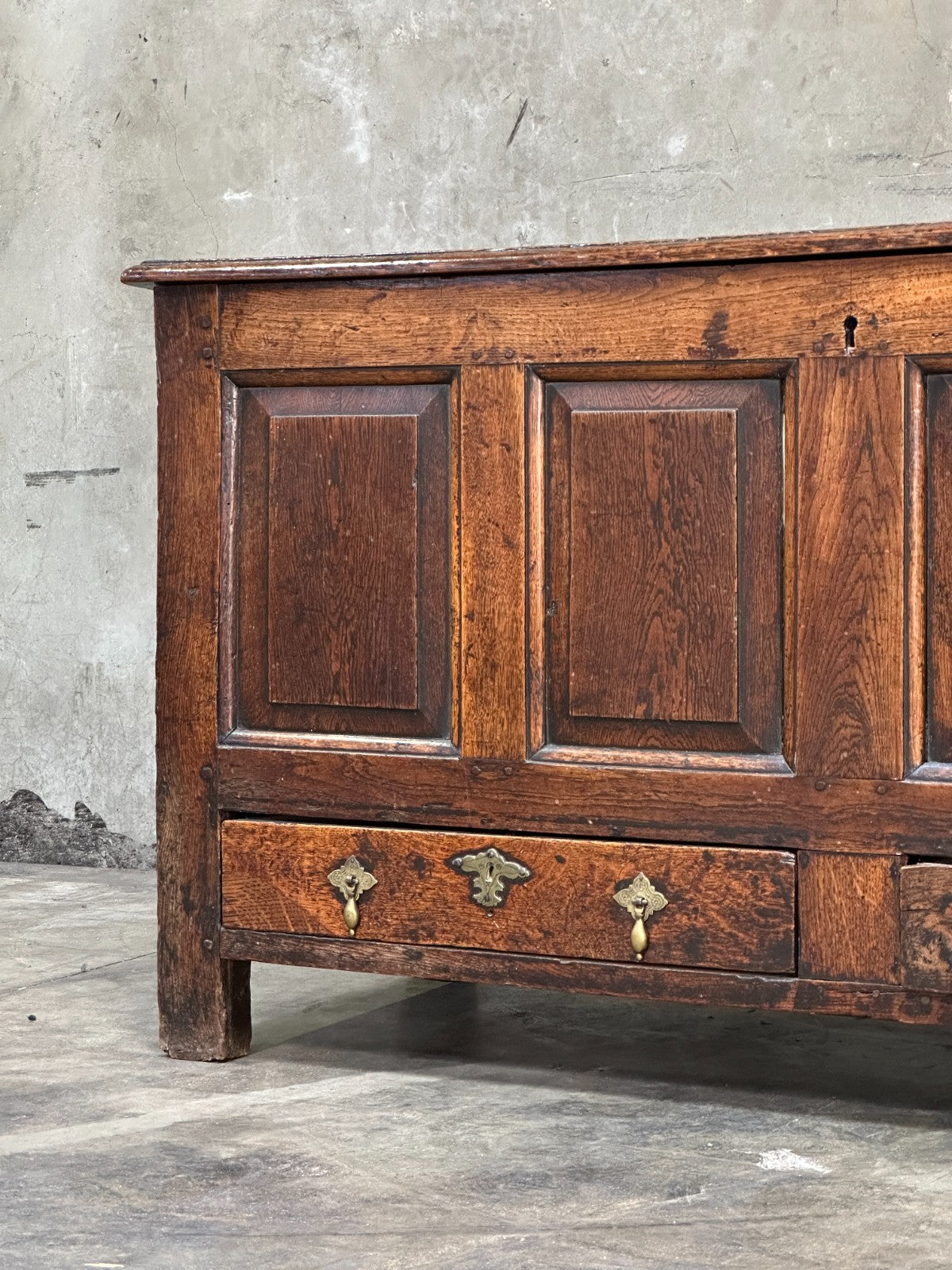 18th C English Oak Mule Chest George III Blanket Chest Paneled 54.5”