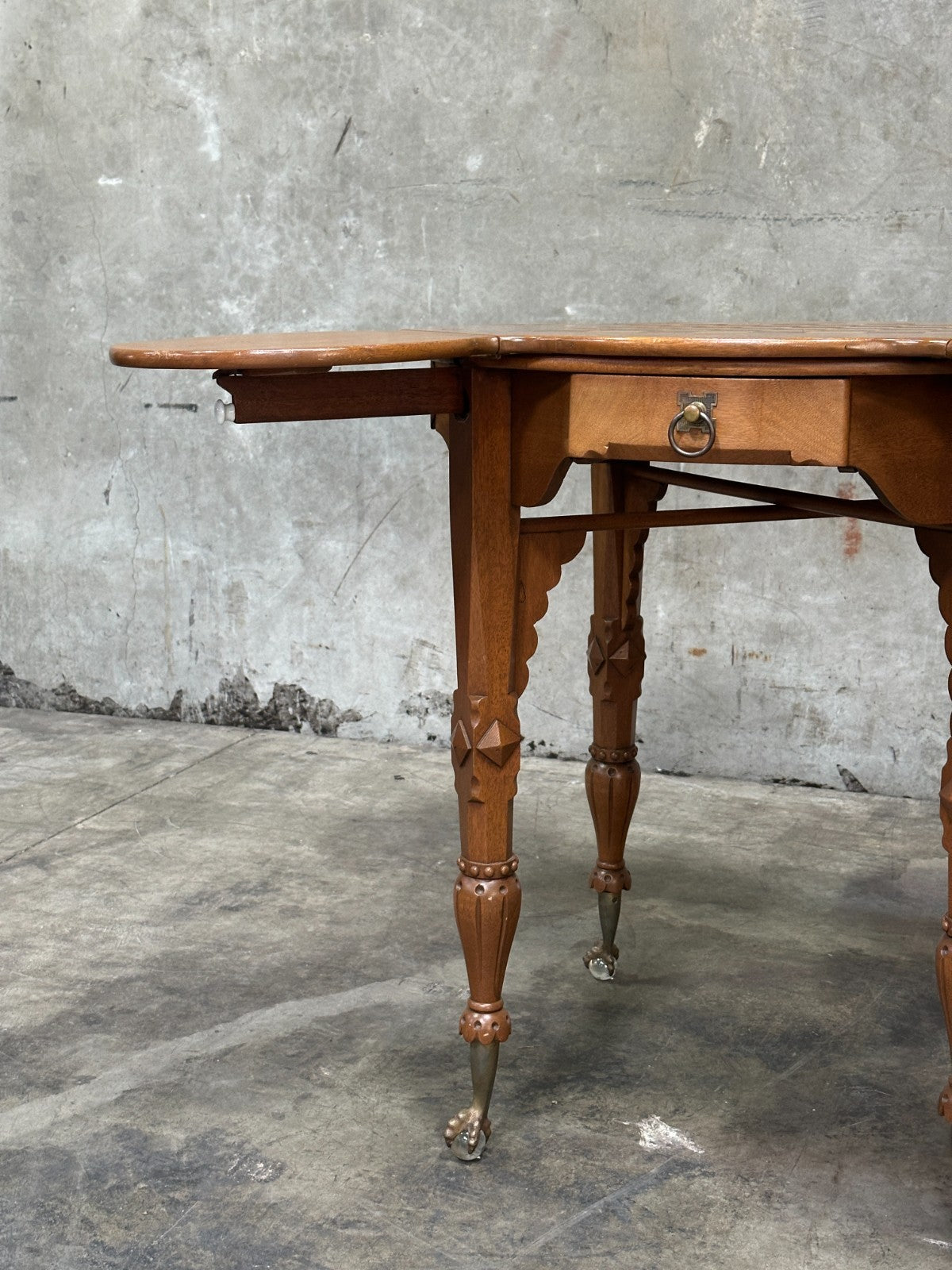 Antique Drop Leaf Game Table Chess Board Top Carved Legs Claw Feet