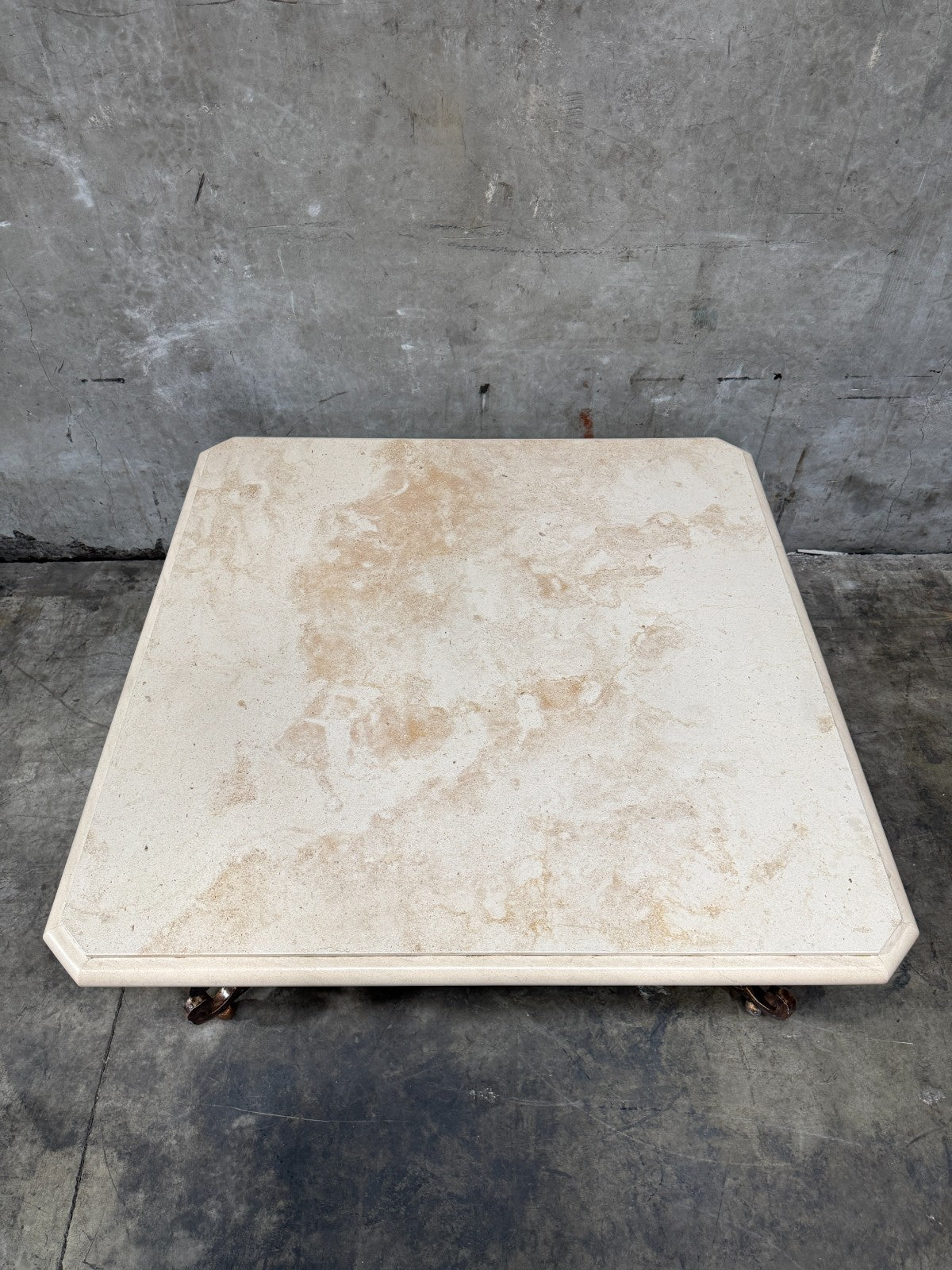 Kreiss Magellan Square Travertine Coffee Table 50.75" Wrought Iron Base