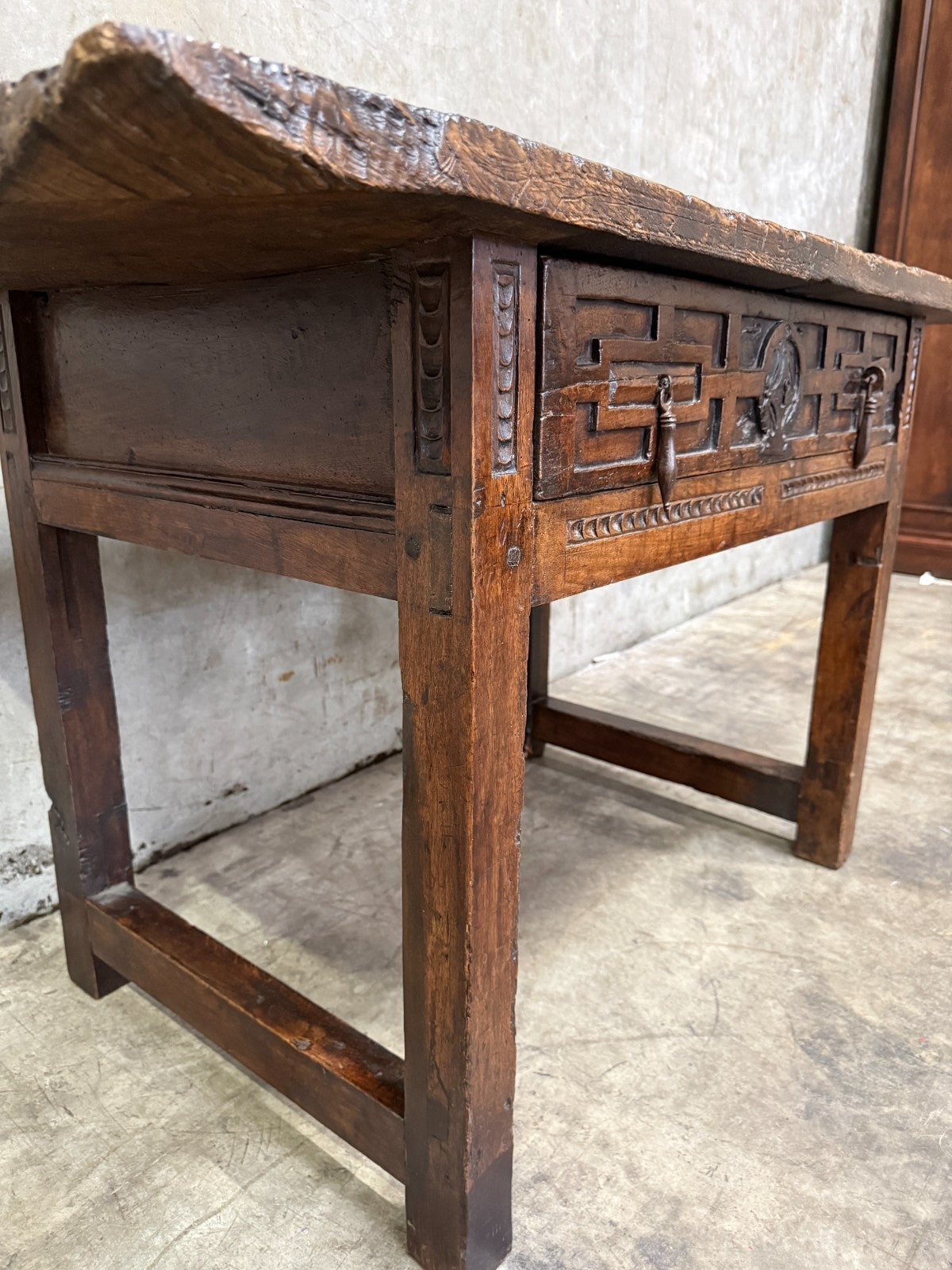 18th C. Spanish Beautifully Rustic Carved-Wood Trestle-Leg Table with Drawer