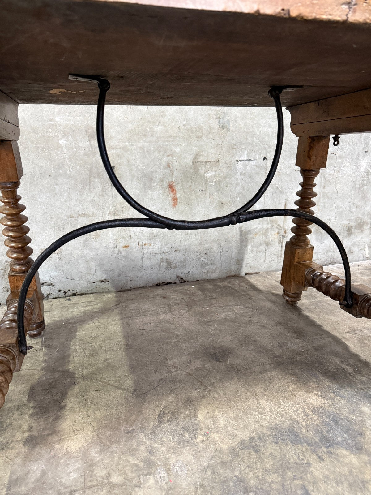 19th Century Spanish Walnut Center Table with Iron Stretcher Support Turned Legs