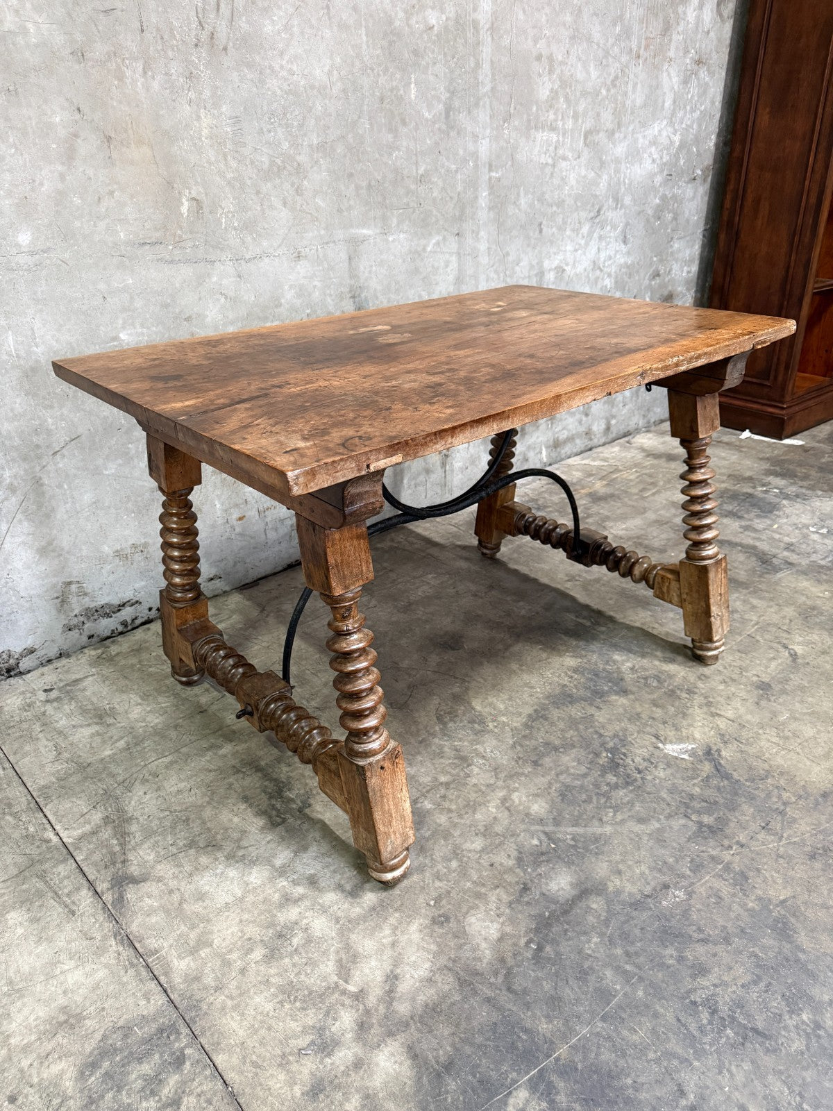 19th Century Spanish Walnut Center Table with Iron Stretcher Support Turned Legs