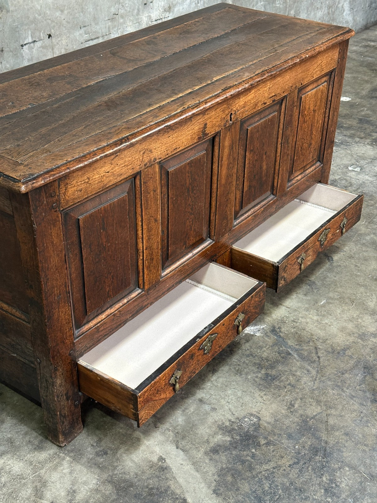 18th C English Oak Mule Chest George III Blanket Chest Paneled 54.5”