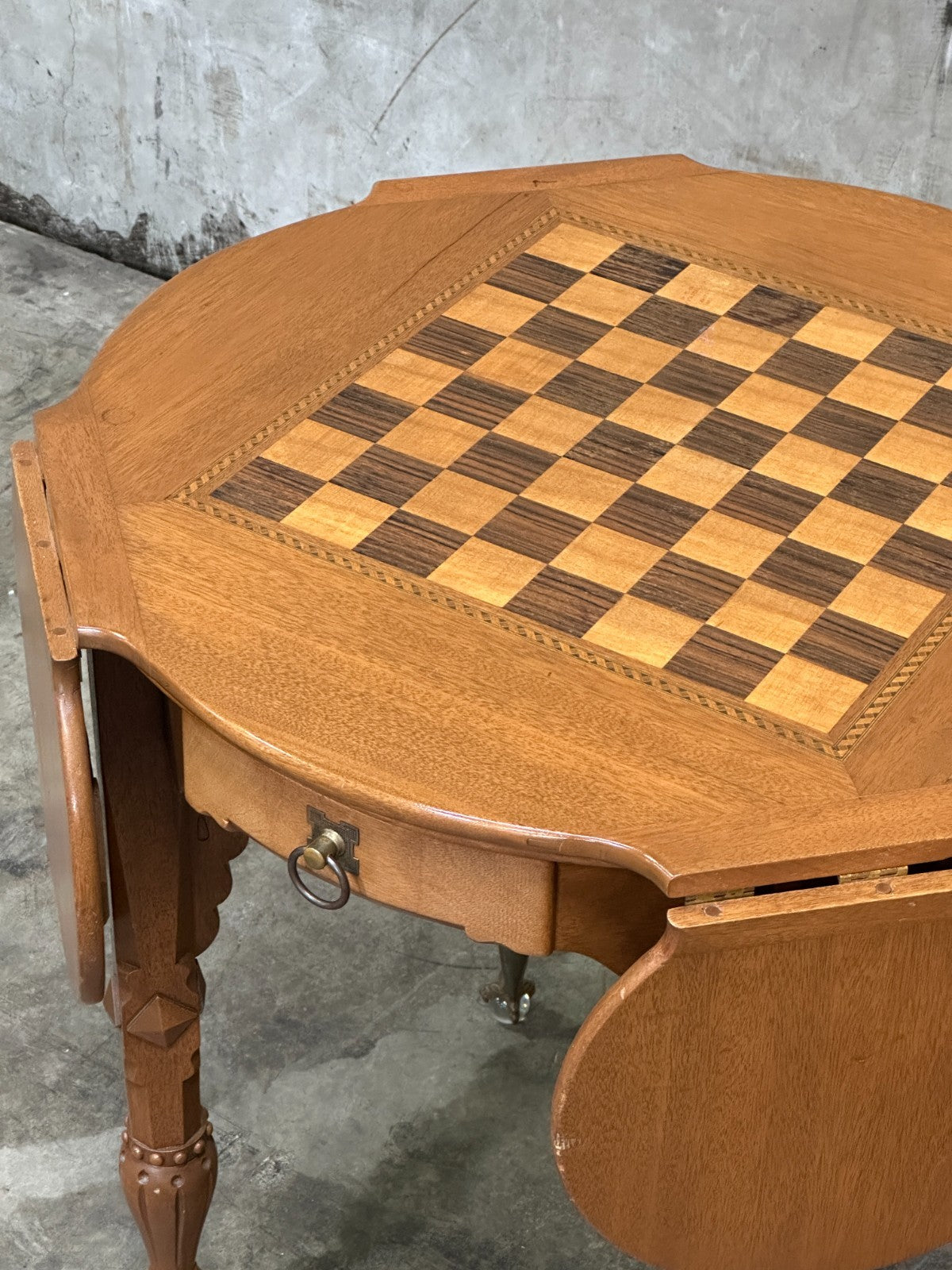 Antique Drop Leaf Game Table Chess Board Top Carved Legs Claw Feet