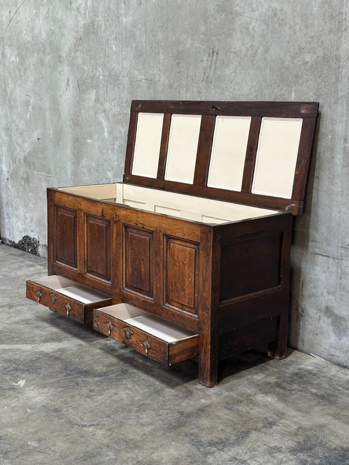 18th C English Oak Mule Chest George III Blanket Chest Paneled 54.5”