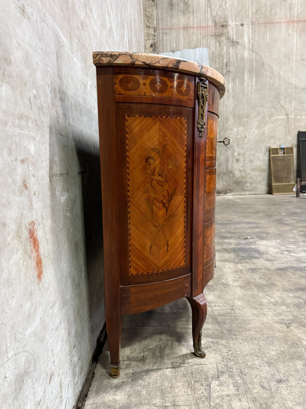 Antique French Louis XV Style Demilune Commode With Marble Top, Marquetry Inlay