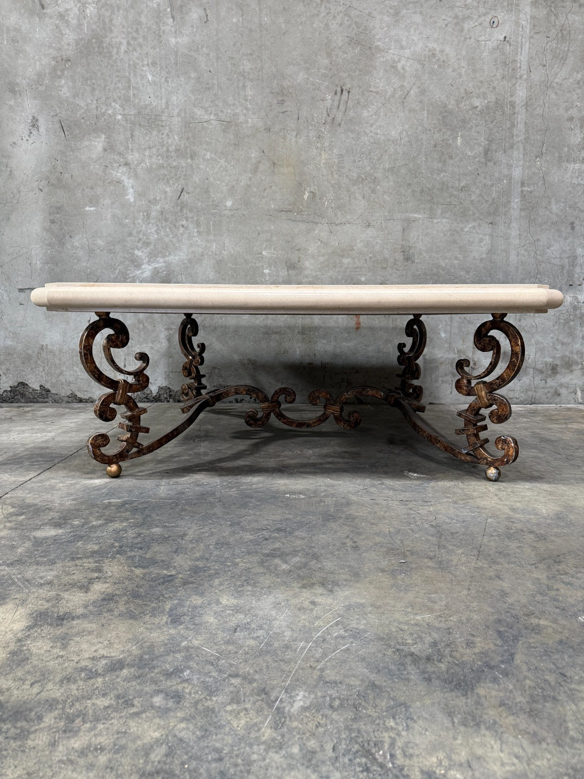 Kreiss Magellan Square Travertine Coffee Table 50.75" Wrought Iron Base