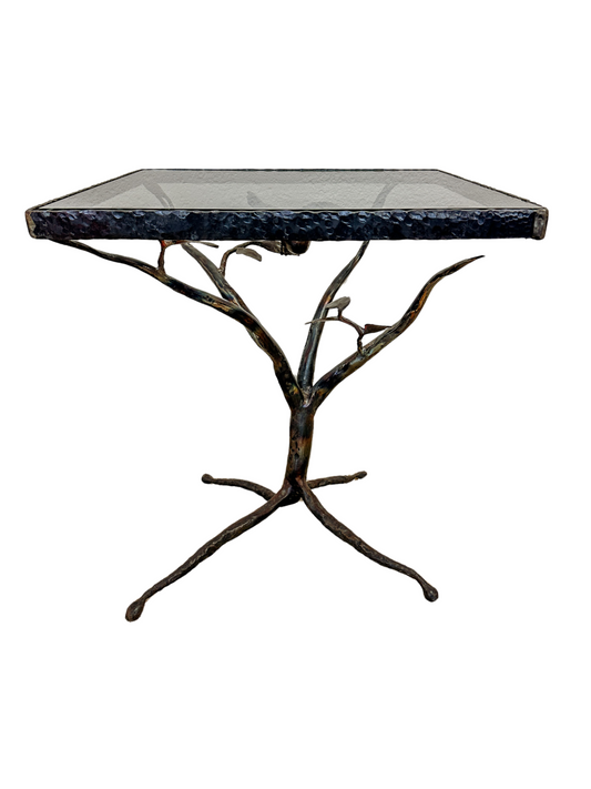 Vintage Diego Giacometti Style Twig & Sparrow Glass Top Accent Table