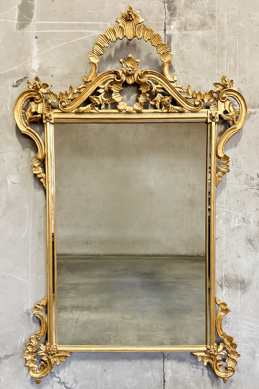 Vintage Italian Rococo Giltwood Wall Mirror, 1950s–70s – Ornate Carved Gold Leaf Frame, 35.5"W x 58"H