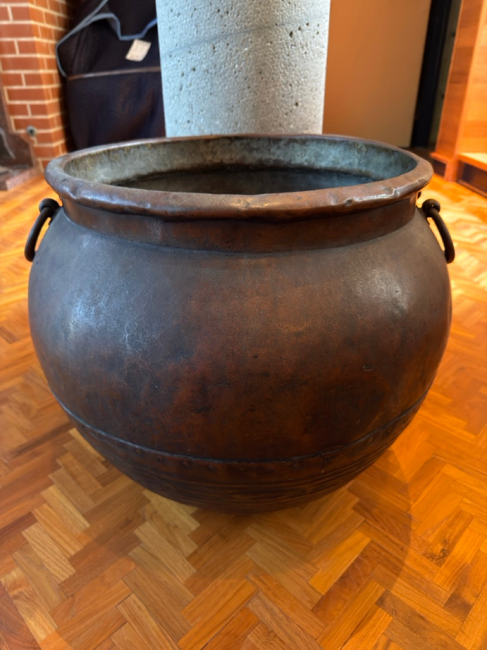 19th Century Hand Hammered Large Copper Water Vessel Riveted Ring Bands Handles