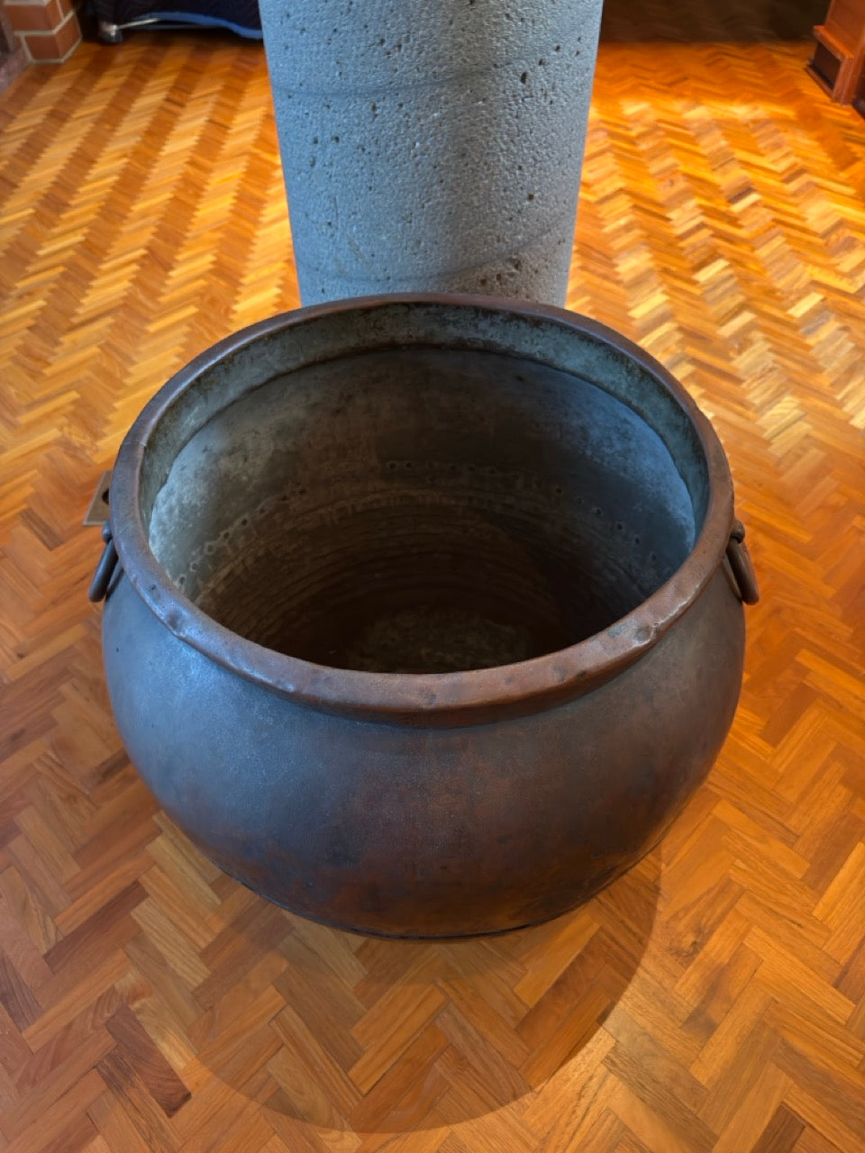 19th Century Hand Hammered Large Copper Water Vessel Riveted Ring Bands Handles