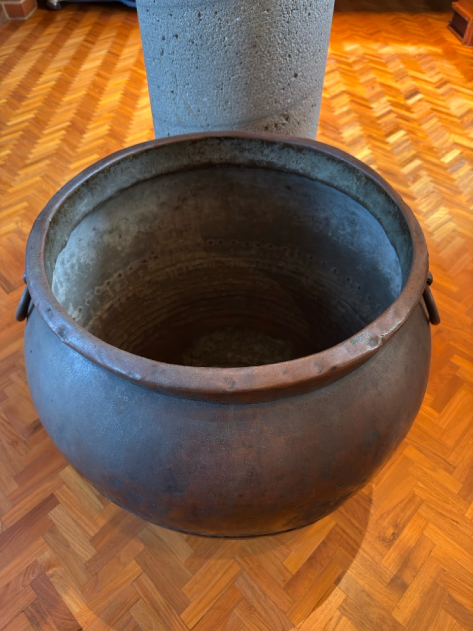 19th Century Hand Hammered Large Copper Water Vessel Riveted Ring Bands Handles