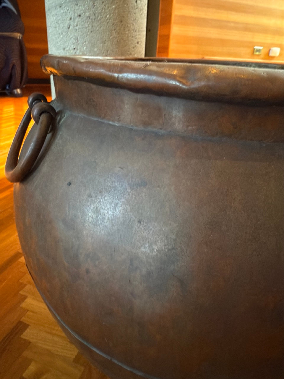 19th Century Hand Hammered Large Copper Water Vessel Riveted Ring Bands Handles