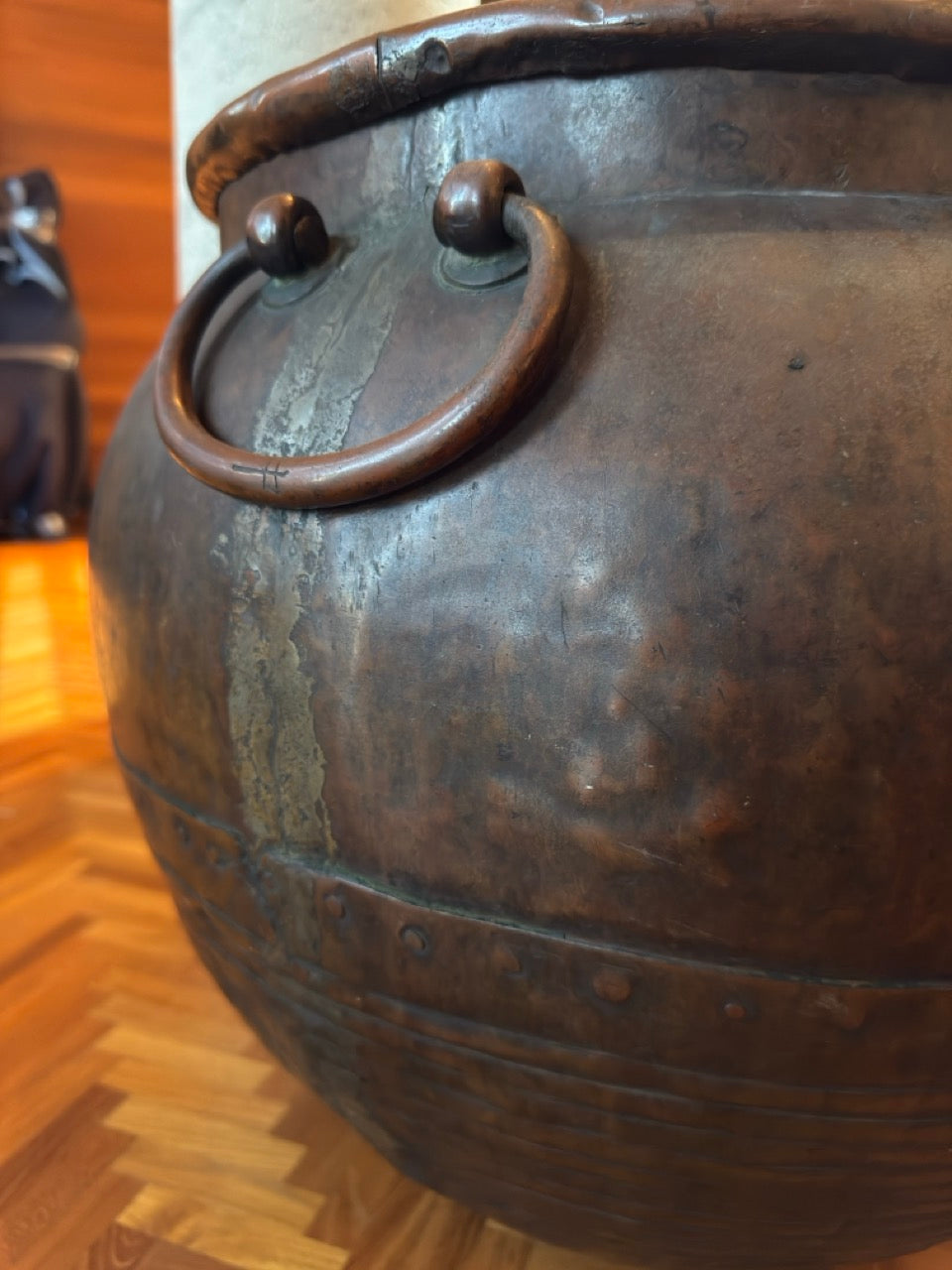 19th Century Hand Hammered Large Copper Water Vessel Riveted Ring Bands Handles