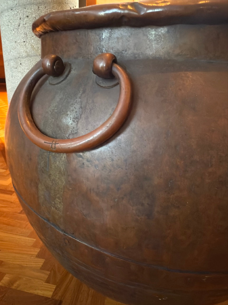 19th Century Hand Hammered Large Copper Water Vessel Riveted Ring Bands Handles