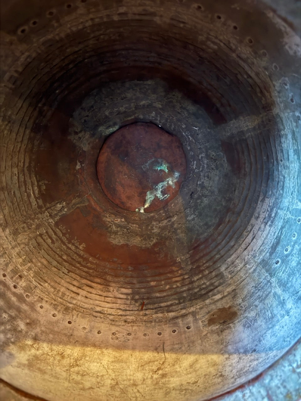 19th Century Hand Hammered Large Copper Water Vessel Riveted Ring Bands Handles