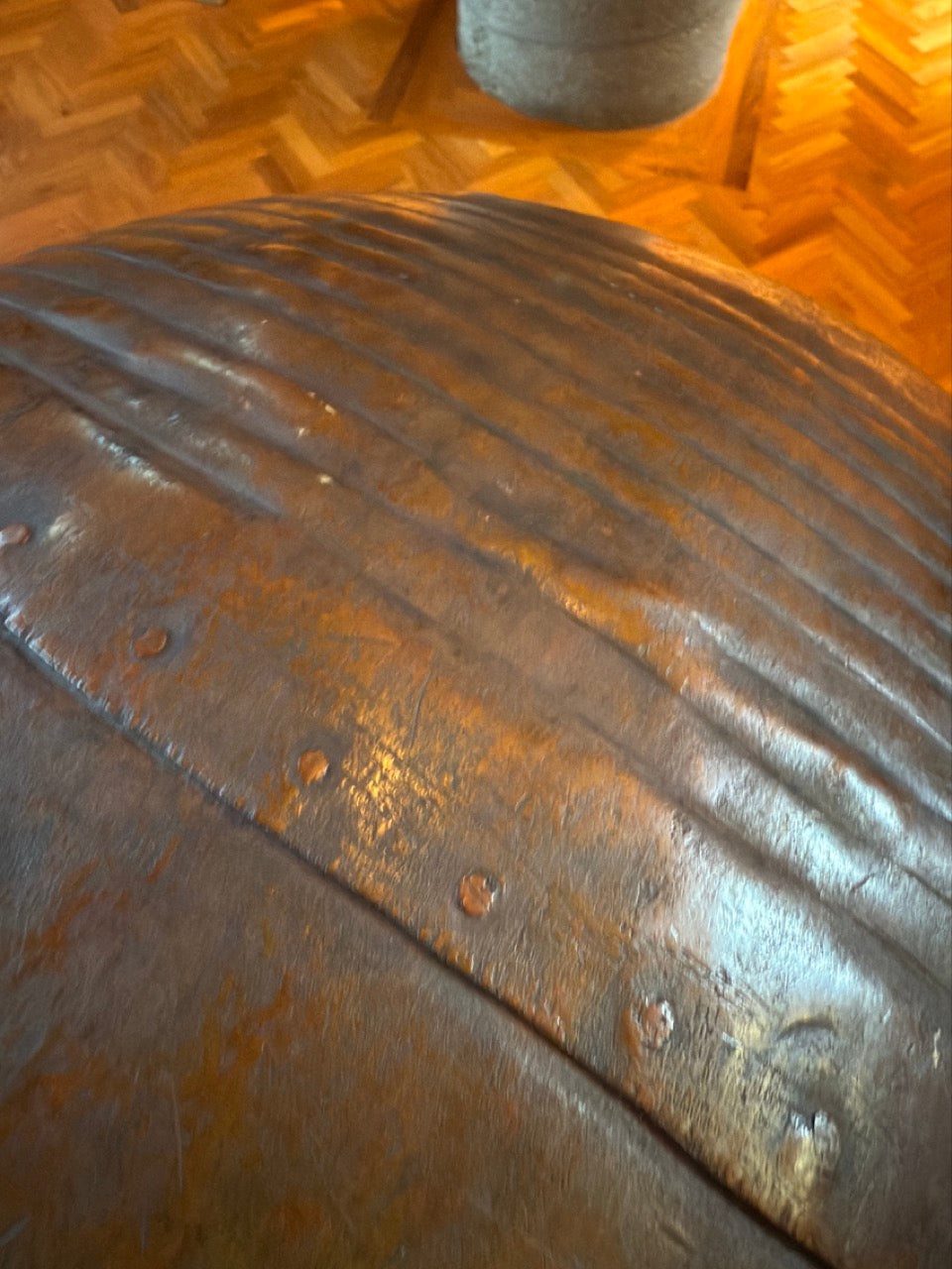 19th Century Hand Hammered Large Copper Water Vessel Riveted Ring Bands Handles