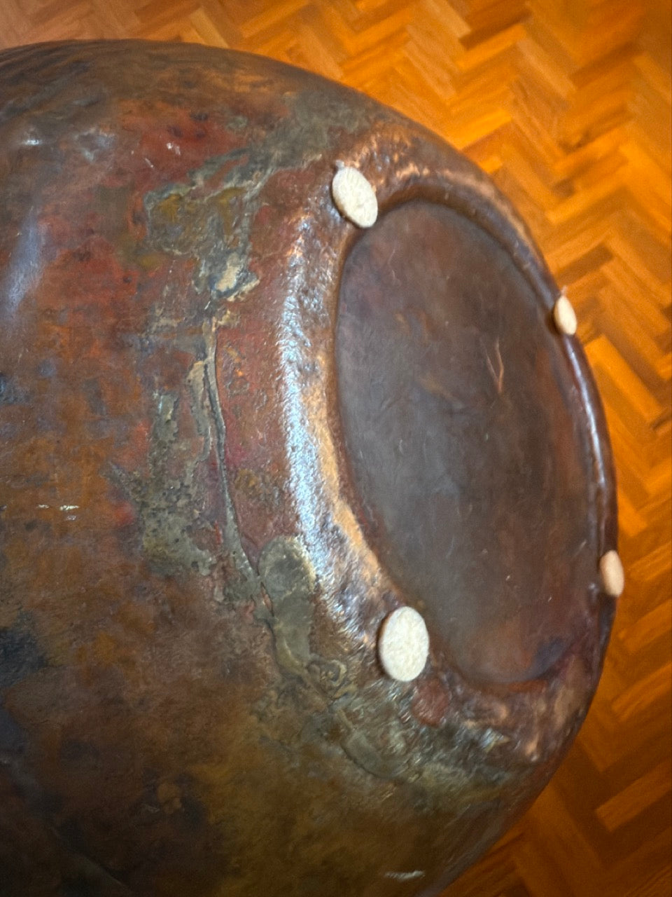 19th Century Hand Hammered Large Copper Water Vessel Riveted Ring Bands Handles