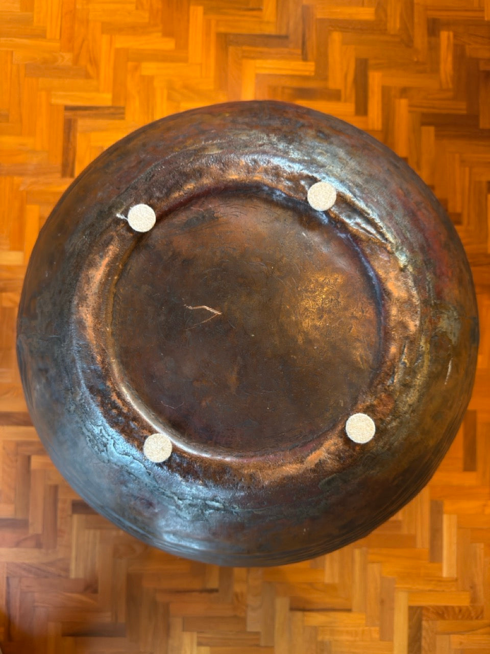 19th Century Hand Hammered Large Copper Water Vessel Riveted Ring Bands Handles