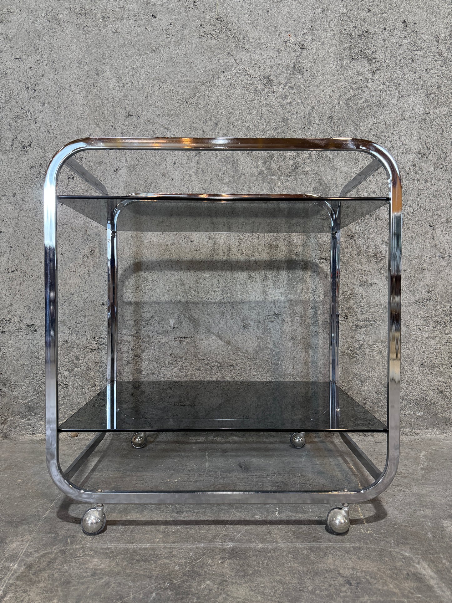 1970s Chrome & Smoke Gray Glass MCM Bar Cart / Serving Trolle