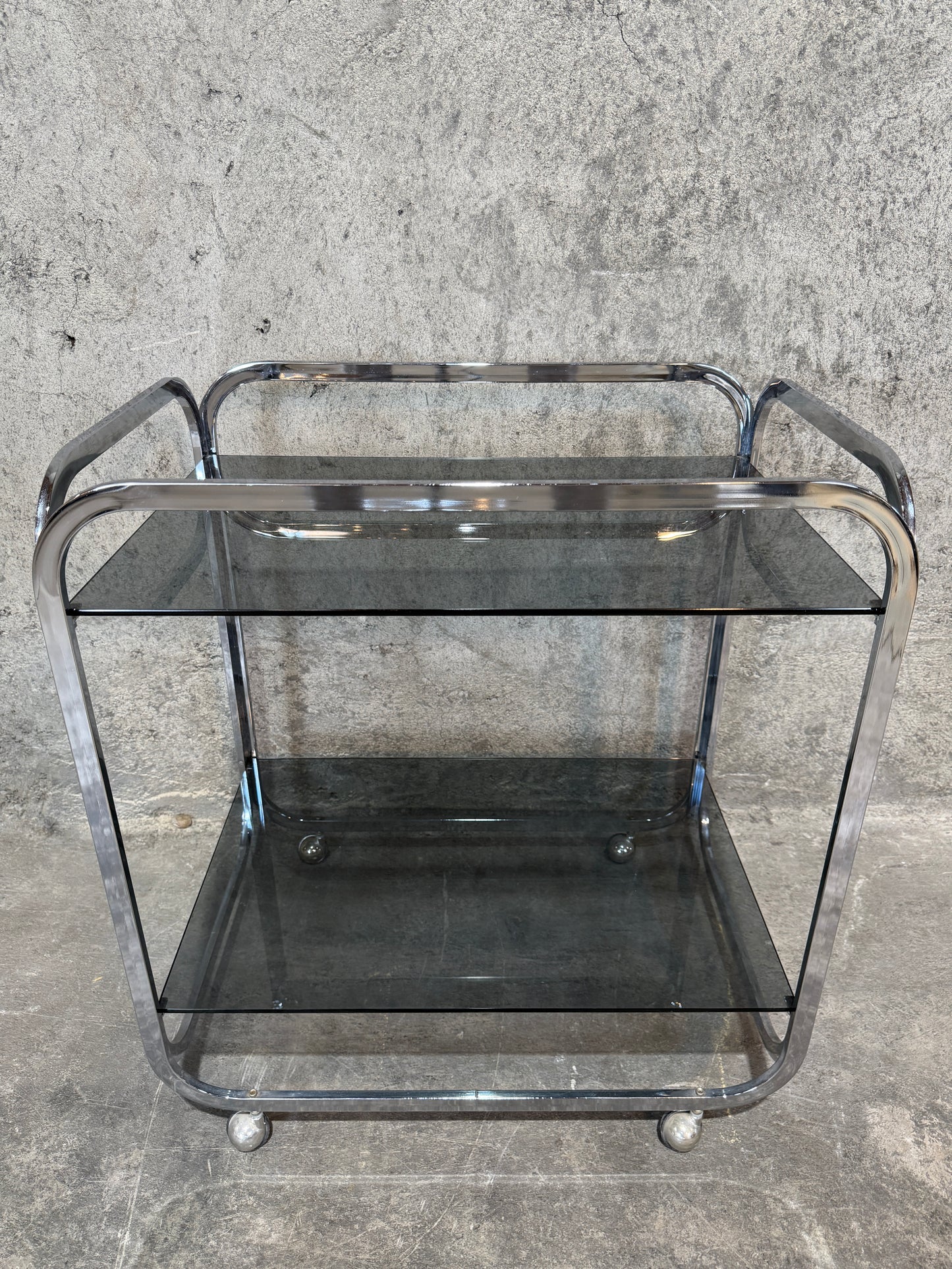 1970s Chrome & Smoke Gray Glass MCM Bar Cart / Serving Trolle
