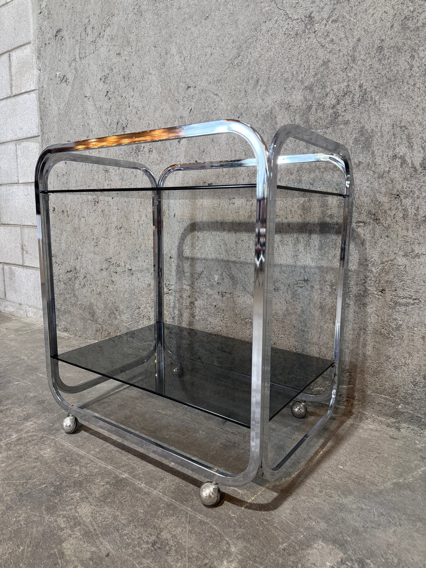 1970s Chrome & Smoke Gray Glass MCM Bar Cart / Serving Trolle