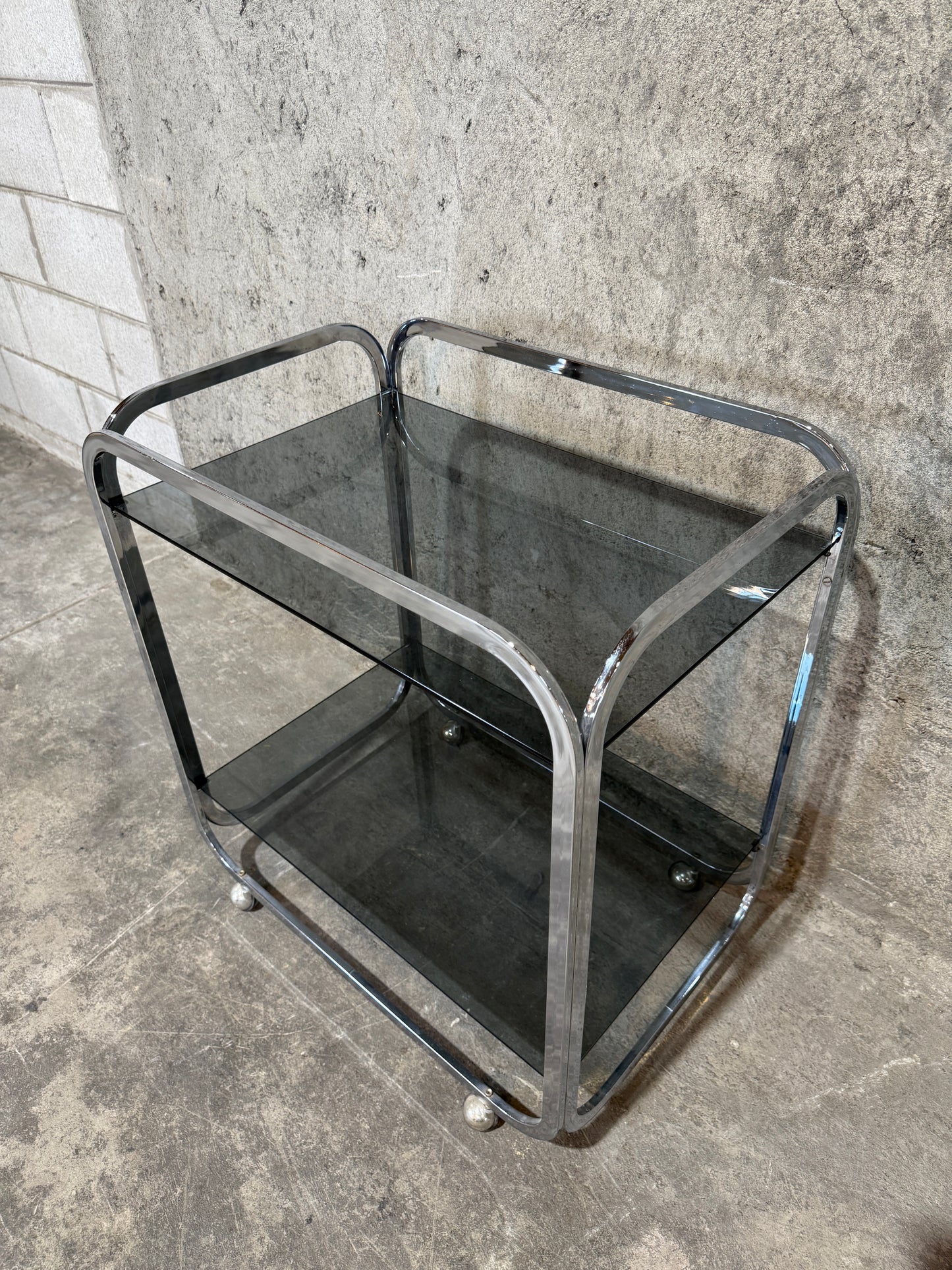 1970s Chrome & Smoke Gray Glass MCM Bar Cart / Serving Trolle