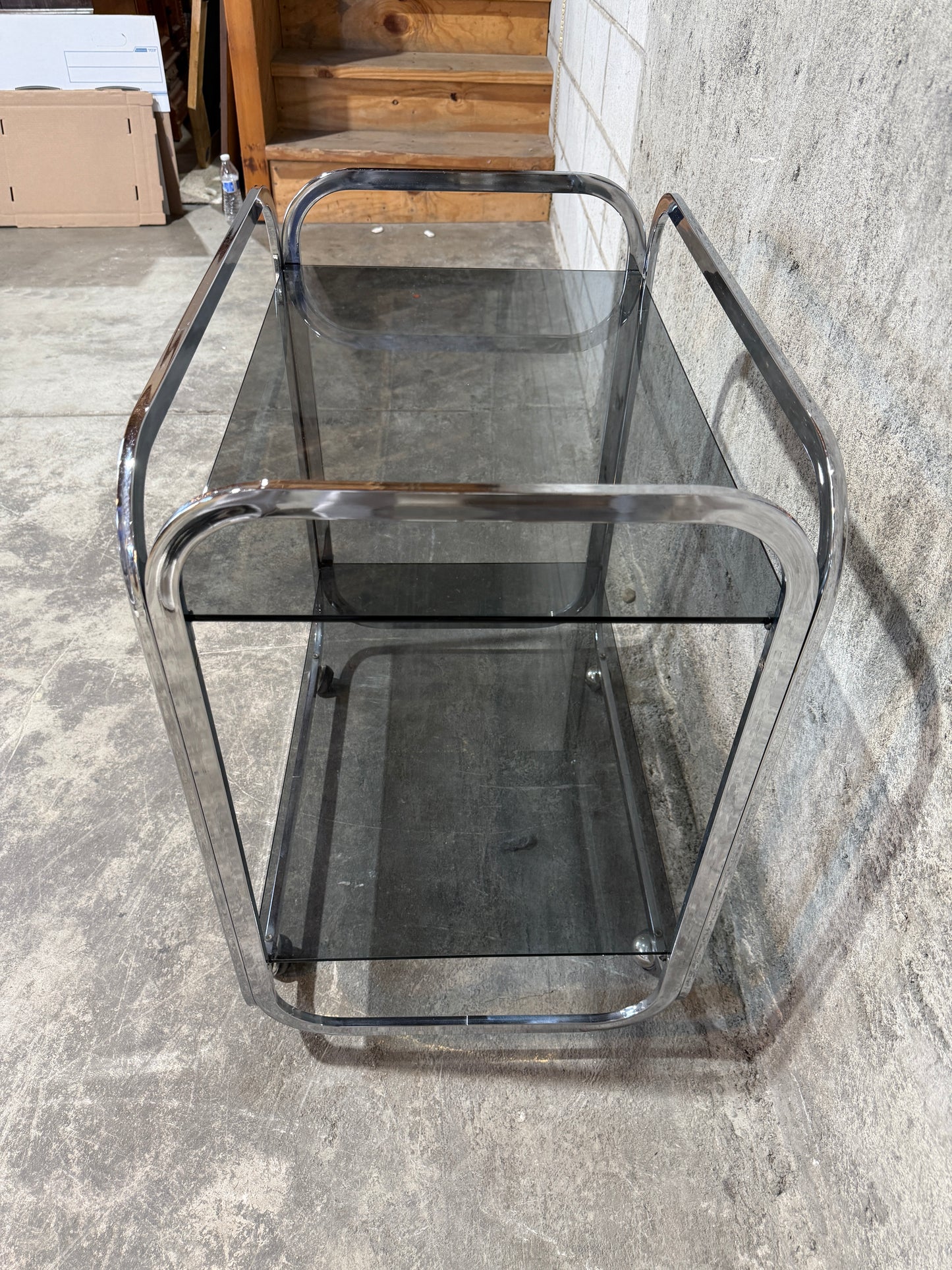1970s Chrome & Smoke Gray Glass MCM Bar Cart / Serving Trolle