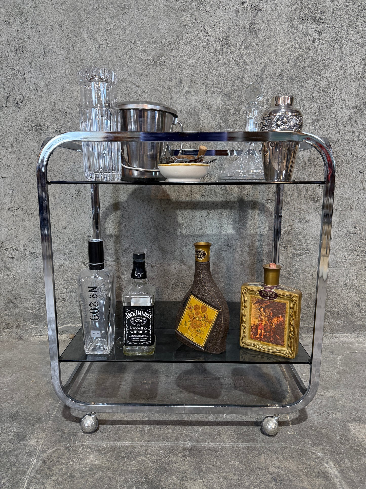 1970s Chrome & Smoke Gray Glass MCM Bar Cart / Serving Trolle