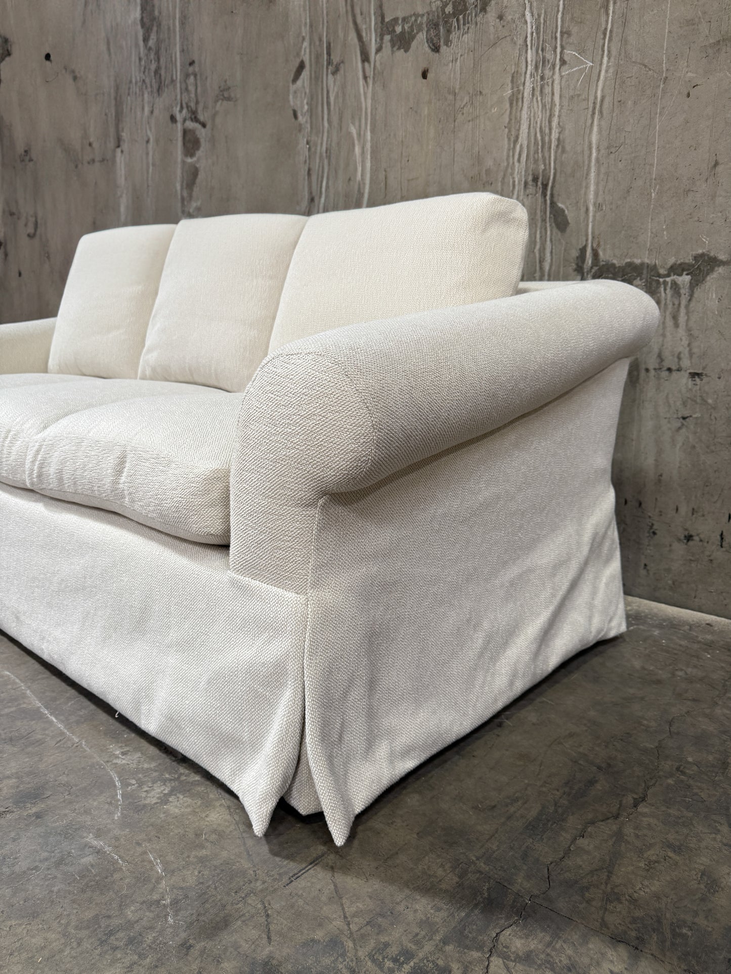 Custom Designer Sourced White Sofa – Rolled Arm, Skirted Base, Flawless Condition