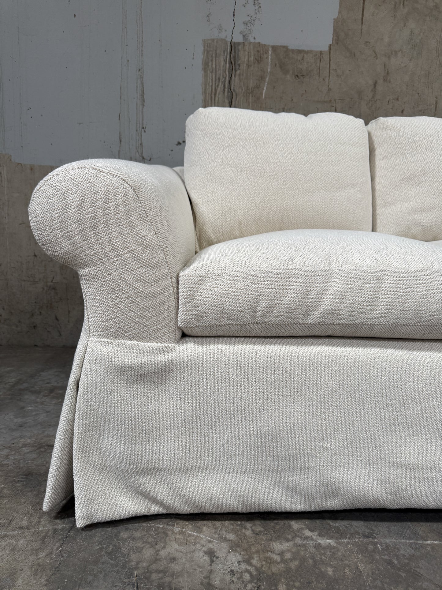 Custom Designer Sourced White Sofa – Rolled Arm, Skirted Base, Flawless Condition