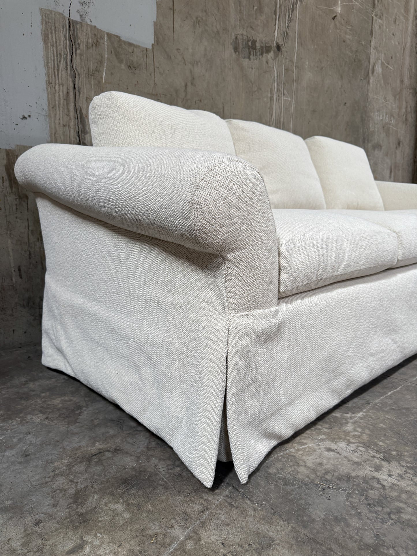Custom Designer Sourced White Sofa – Rolled Arm, Skirted Base, Flawless Condition