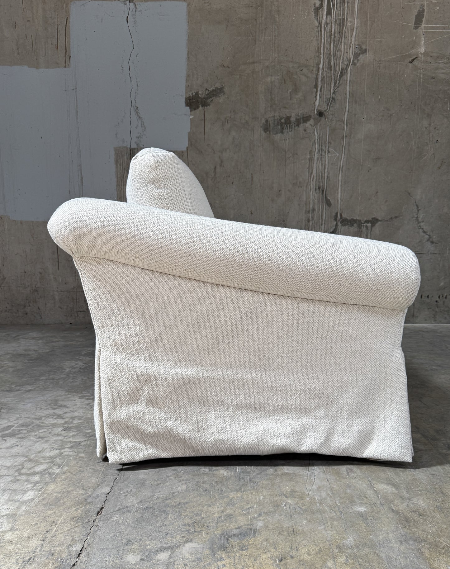 Custom Designer Sourced White Sofa – Rolled Arm, Skirted Base, Flawless Condition