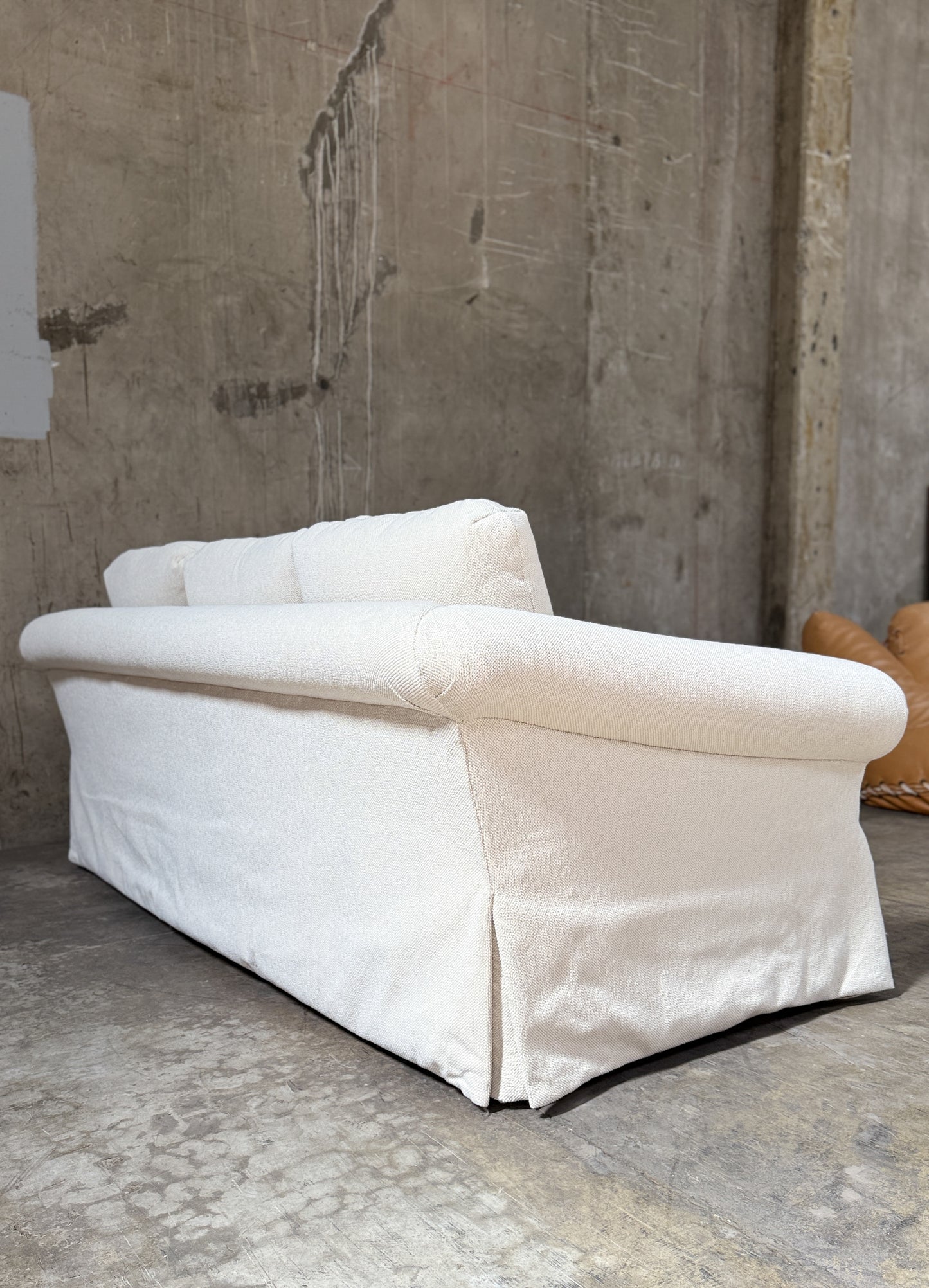 Custom Designer Sourced White Sofa – Rolled Arm, Skirted Base, Flawless Condition