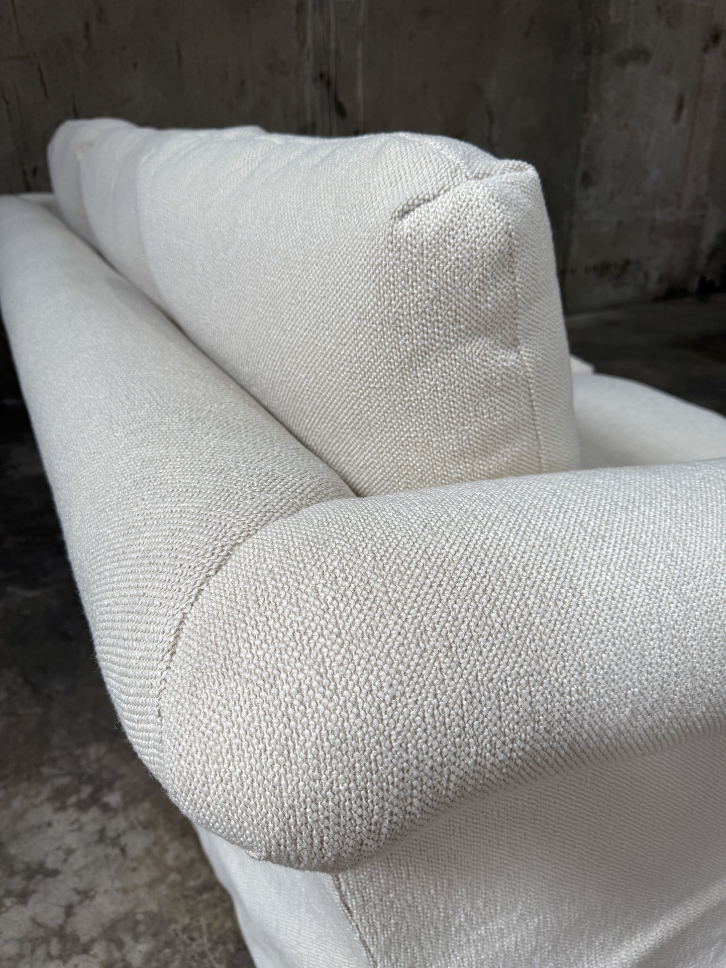 Custom Designer Sourced White Sofa – Rolled Arm, Skirted Base, Flawless Condition