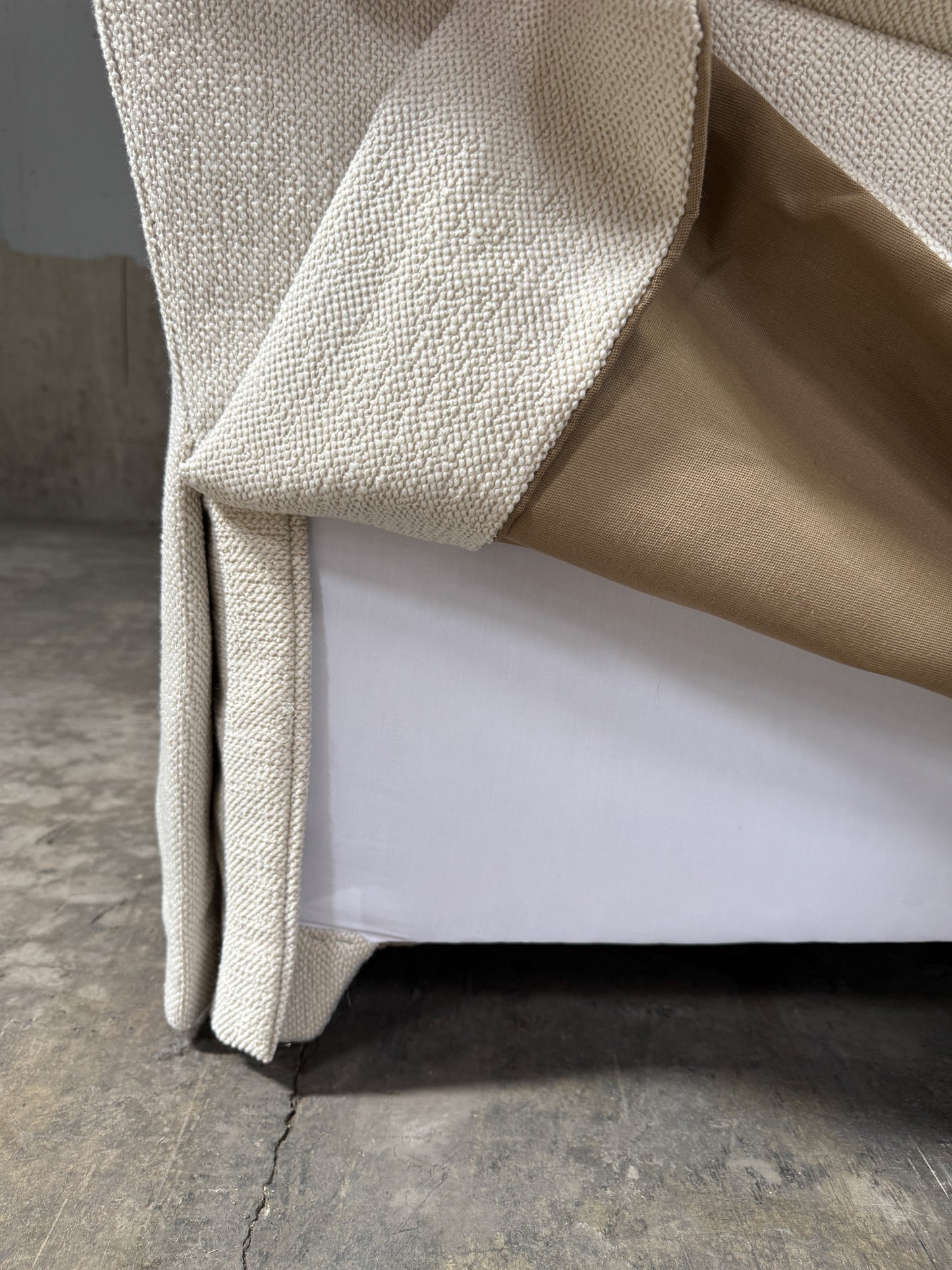 Custom Designer Sourced White Sofa – Rolled Arm, Skirted Base, Flawless Condition