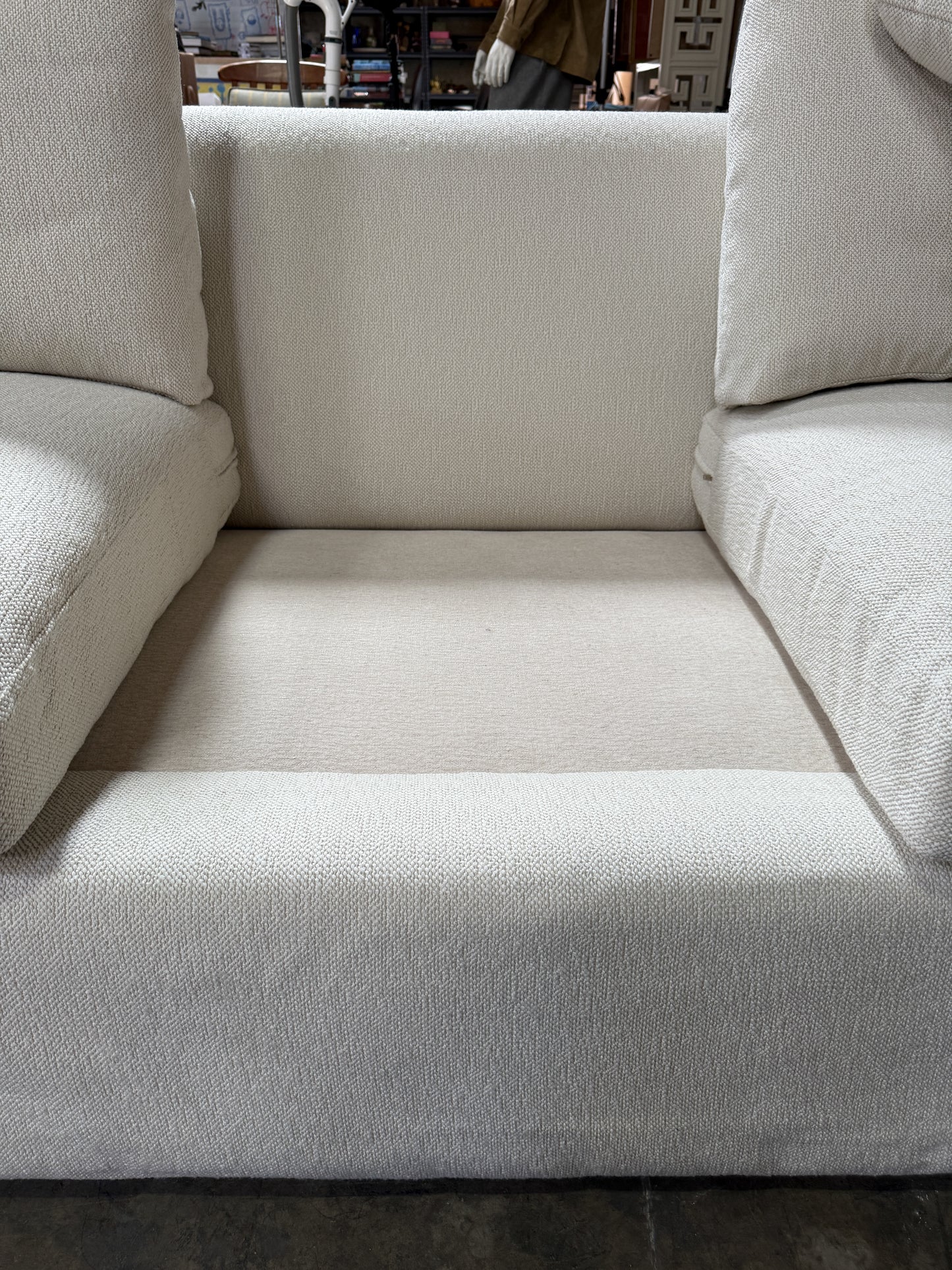 Custom Designer Sourced White Sofa – Rolled Arm, Skirted Base, Flawless Condition