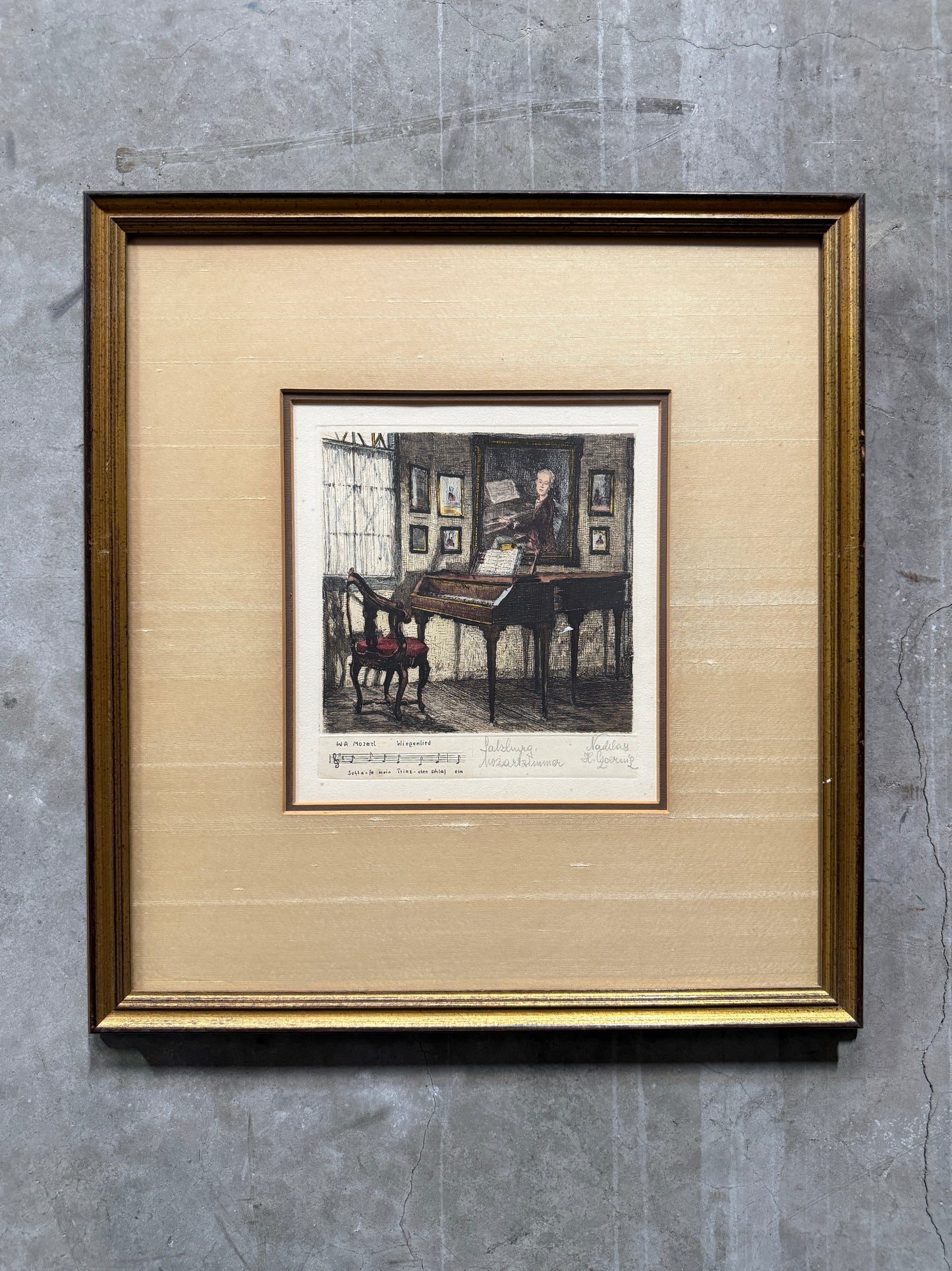 Henry Goering Mozart Wiegenlied Salzburg Mozartzimmer Etching, Framed